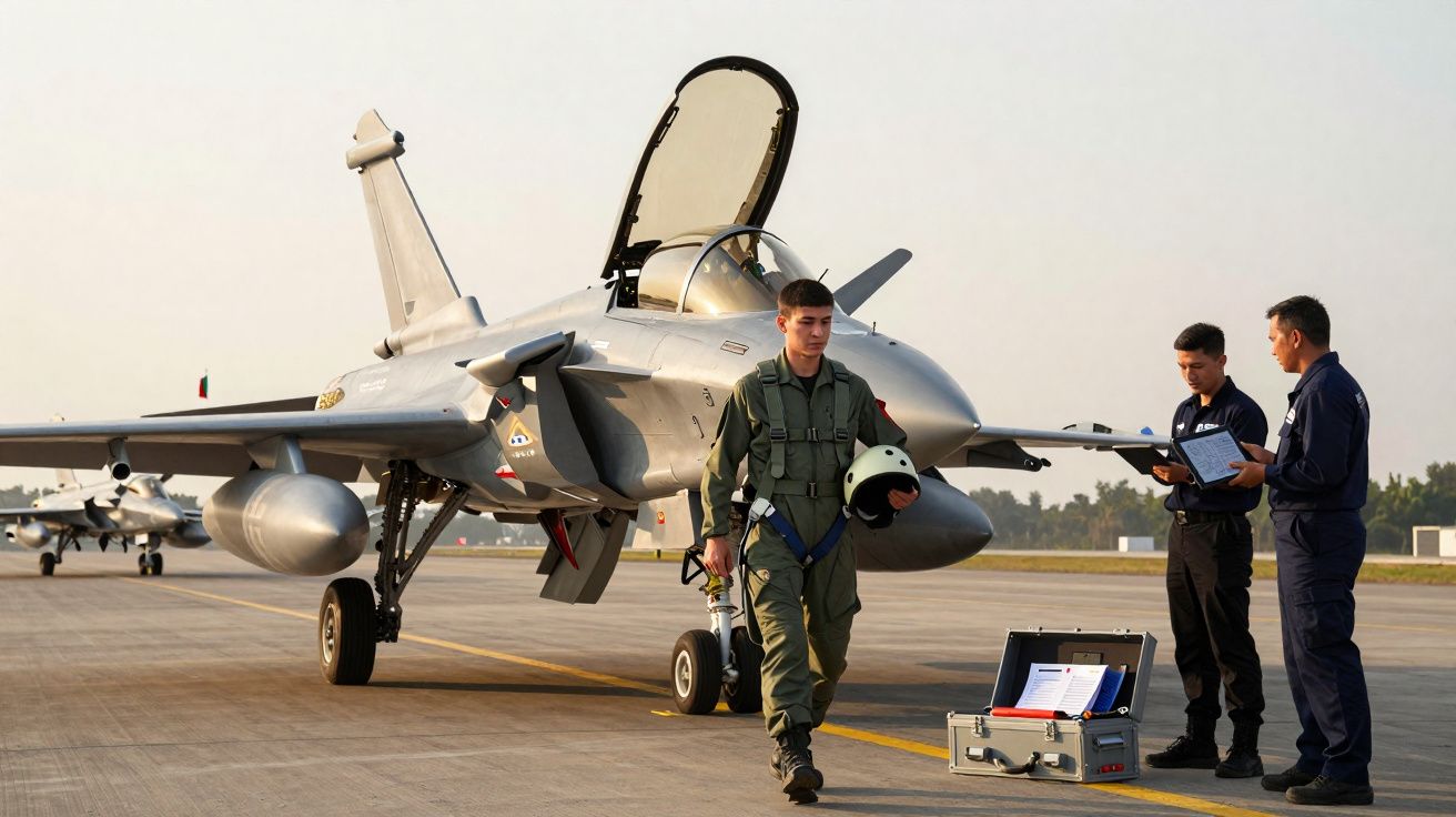 Piloto militar com fato de voo caminha ao lado de caça estacionado e dois técnicos numa pista de aeroporto.
