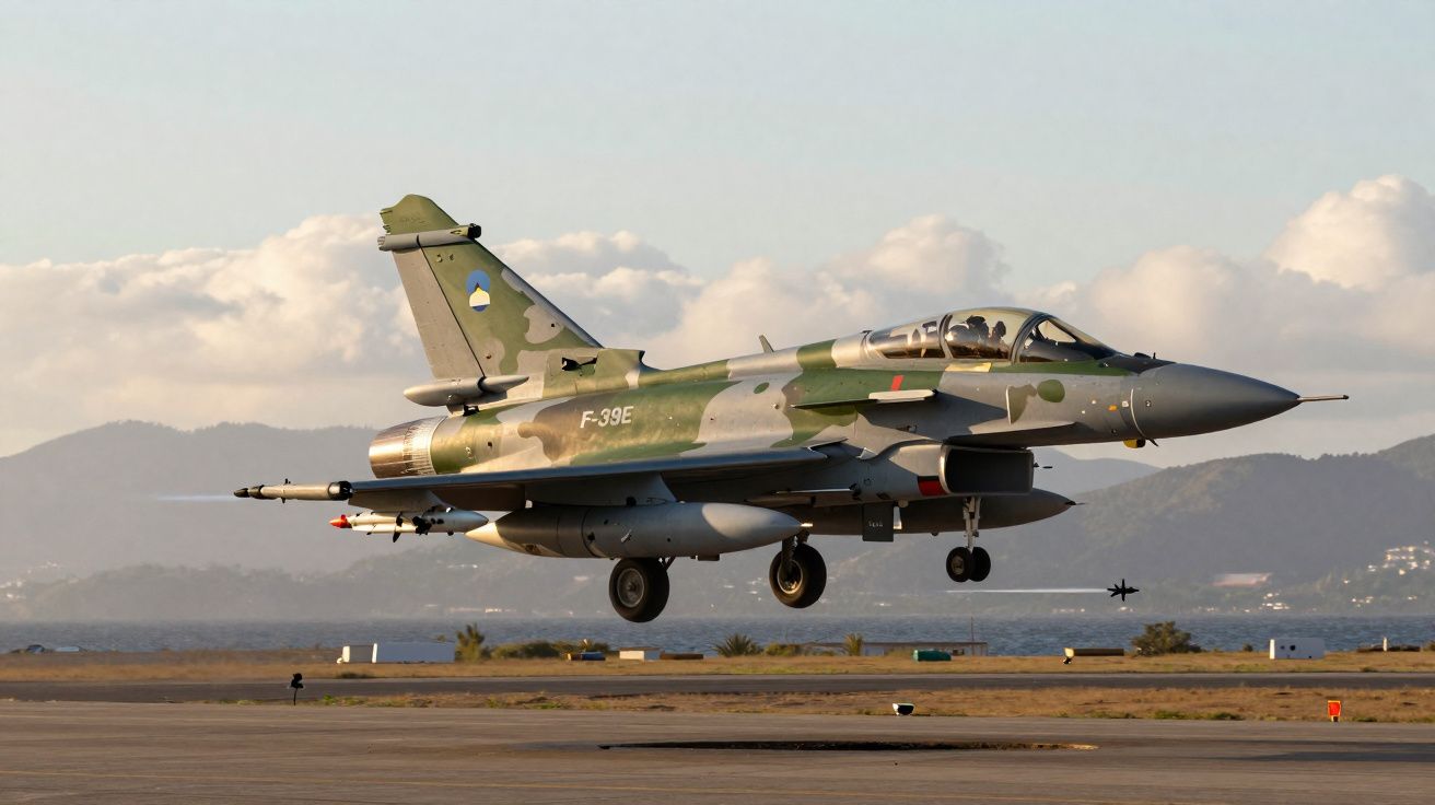 Caça militar F-39E camuflado a descolar numa pista com montanhas e céu parcialmente nublado ao fundo.