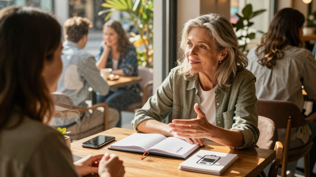 Duas mulheres conversam numa mesa de café, com cadernos e telemóvel à frente, em ambiente luminoso.