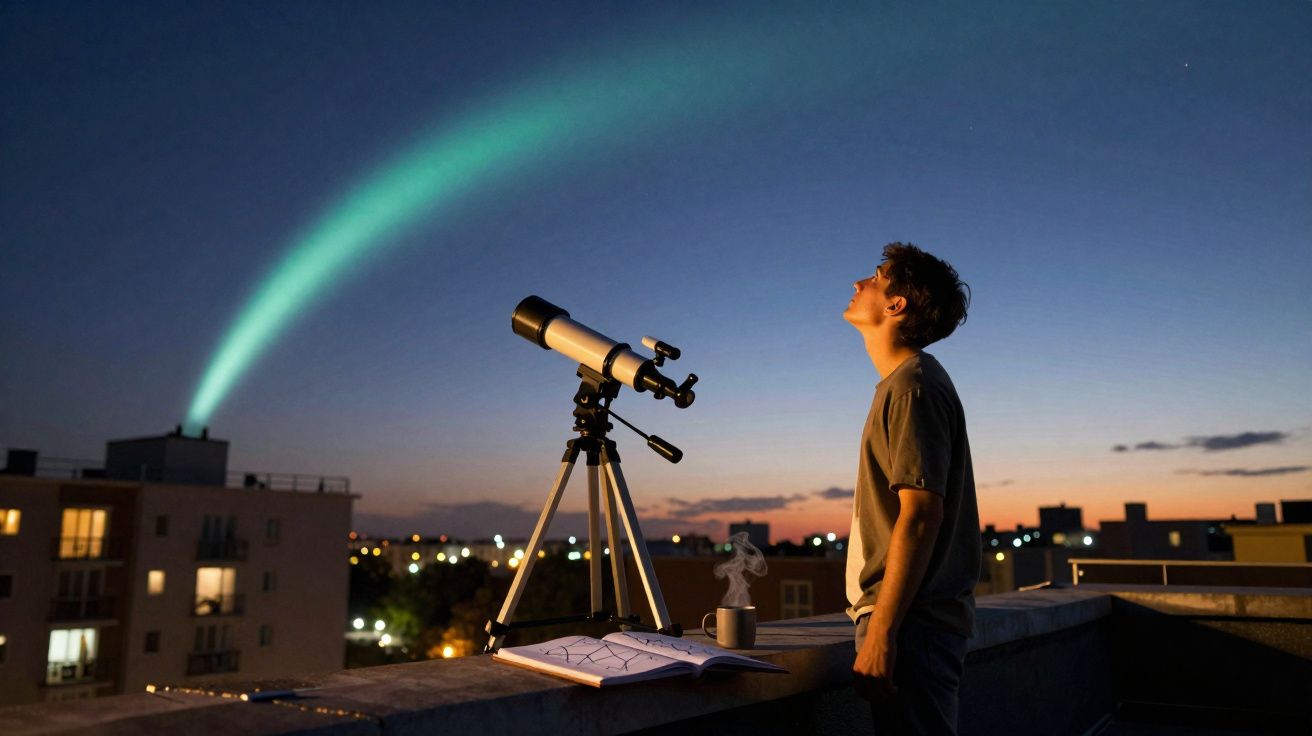 Jovem num terraço ao anoitecer observa o céu estrelado com telescópio e mapa astronómico ao lado.