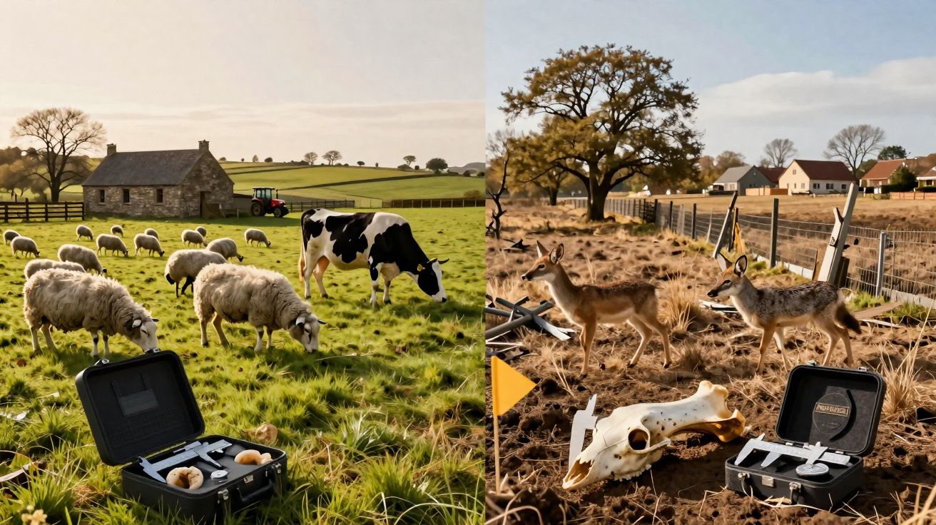 Campo dividido em duas imagens: repetição de caixas de equipamento de medição com ovelhas e vaca à esquerda e veados e crânio