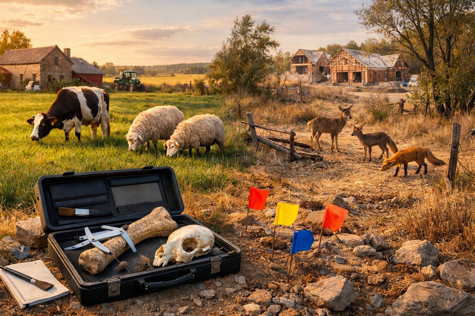 Cena rural com vaca, ovelhas, veados e raposa, e uma mala com ossos e crânio no primeiro plano.