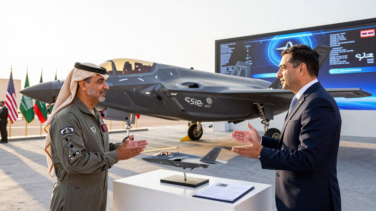 Dois homens, um em fato militar árabe e outro de fato formal, discutem junto a um jacto militar e modelo em miniatura.