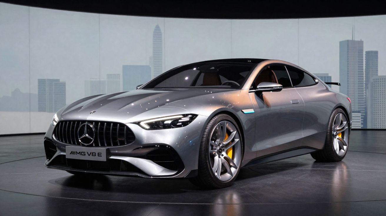 Carro desportivo Mercedes AMG V8 E prateado em exposição com fundo de cidade desfocado.