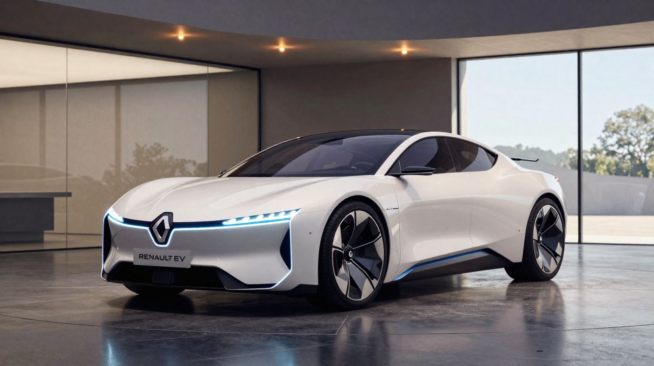 Carro elétrico desportivo Renault EV branco com design futurista estacionado em espaço amplo e moderno.
