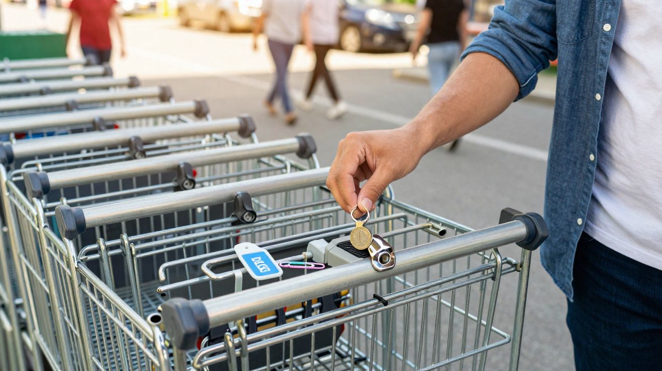 Pessoa a inserir moeda num carrinho de compras numa área exterior de supermercado.