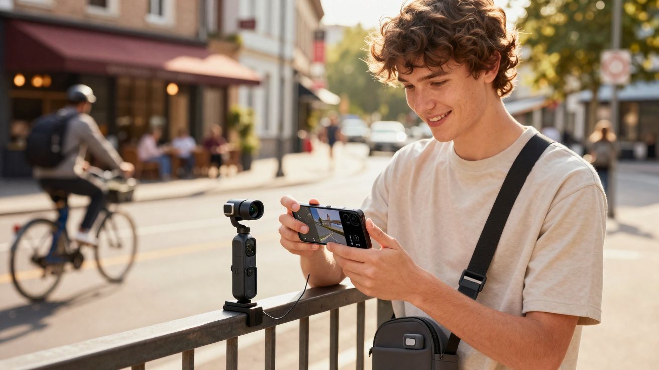 Jovem a ver imagem na câmara montada numa vedação numa rua urbana movimentada.