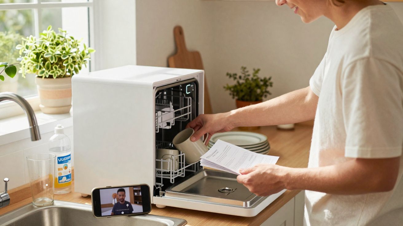 Pessoa a carregar um copo na máquina de lavar louça enquanto lê um manual e assiste a vídeo no telemóvel.