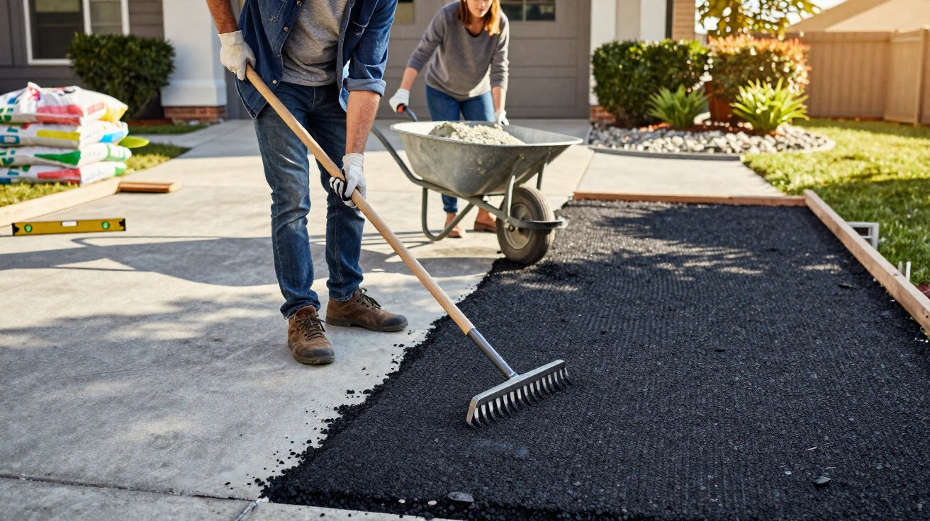 Duas pessoas pavimentam um caminho com betão negro numa entrada de casa ensolarada.