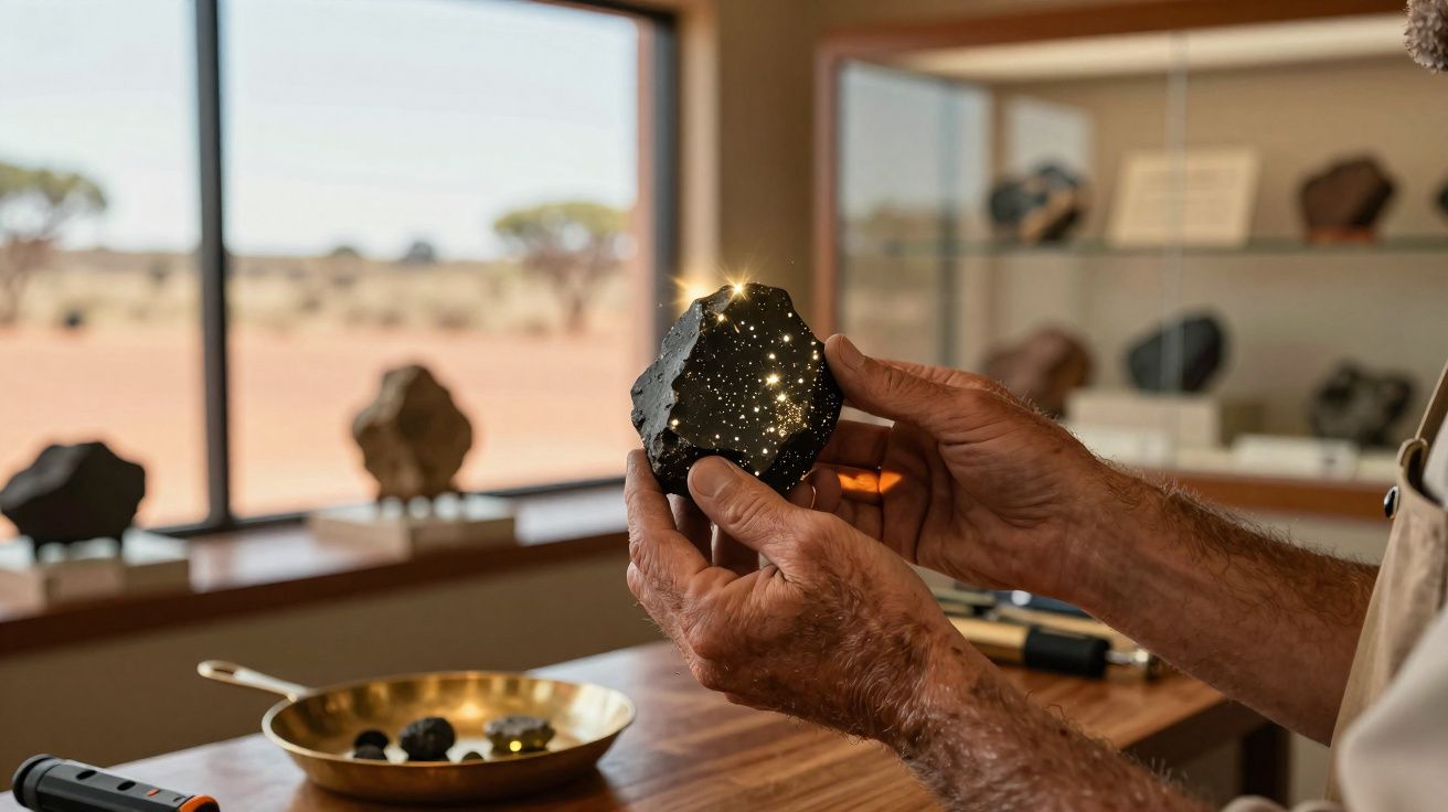 Mãos seguram meteorito brilhante com minerais refletindo luz num laboratório com amostras expostas ao fundo.