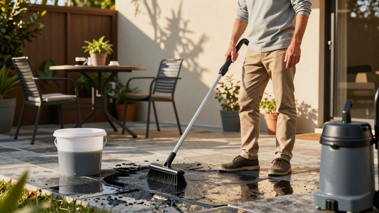 Pessoa a limpar um chão de azulejos exteriores sujo com escova, ao lado de um balde branco e aspirador.