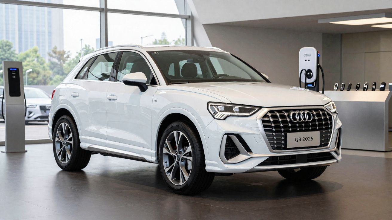 Audi Q3 branco 2026 exibido em salão automóvel moderno com carregador elétrico ao fundo.