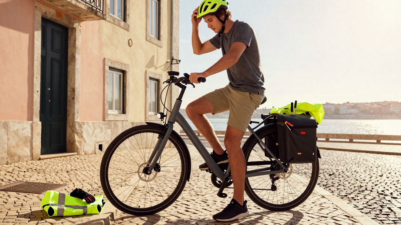 Homem de capacete verde ajusta o capacete enquanto está sentado numa bicicleta junto a um edifício, numa rua de calçada.