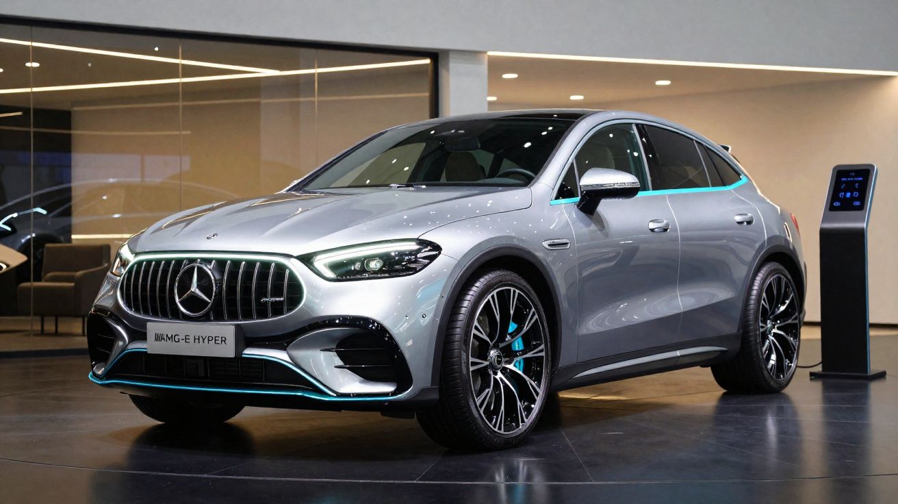 Carro elétrico Mercedes AMG-E Hyper cinza numa exposição com carregador ao lado, em ambiente moderno interior.