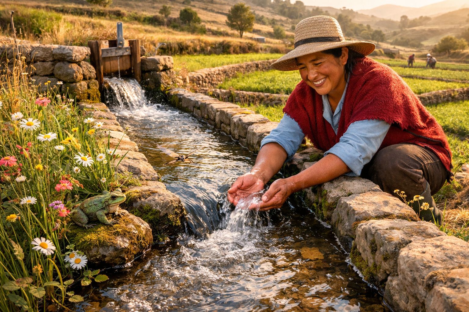 Mulher sorridente com chapéu apanha água num canal em pedra rodeado por flores e relva verde.