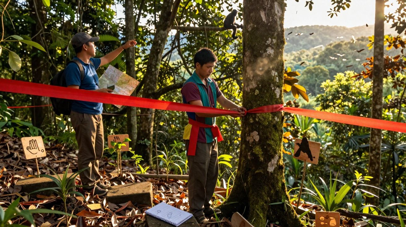 Dois homens a marcar uma fita vermelha numa árvore numa floresta durante o dia.
