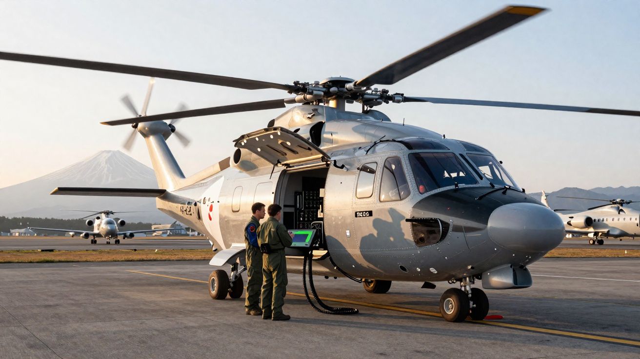 Helicóptero militar cinzento estacionado com dois soldados a operar equipamento junto à porta aberta.