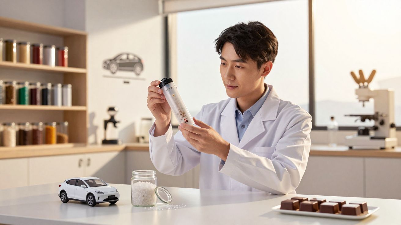 Homem de jaleco branco analisa tubo de ensaio em laboratório, com chocolates e miniatura de carro na mesa.
