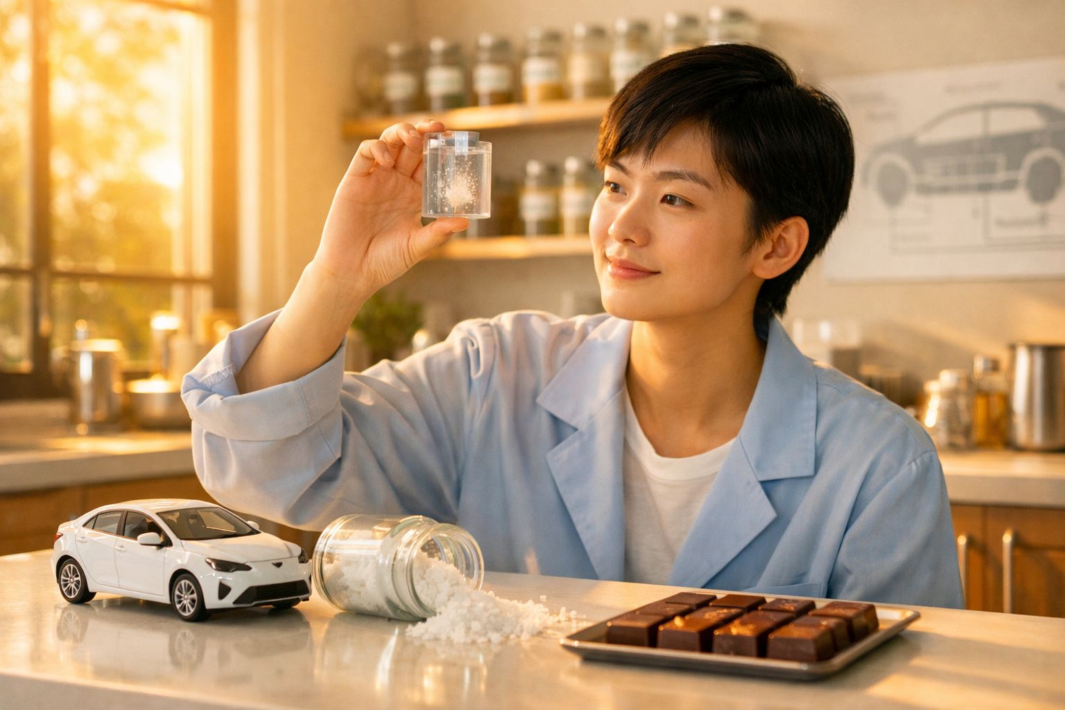 Pessoa em bata azul a examinar amostra em cubo transparente, com miniatura de carro e chocolates na mesa.