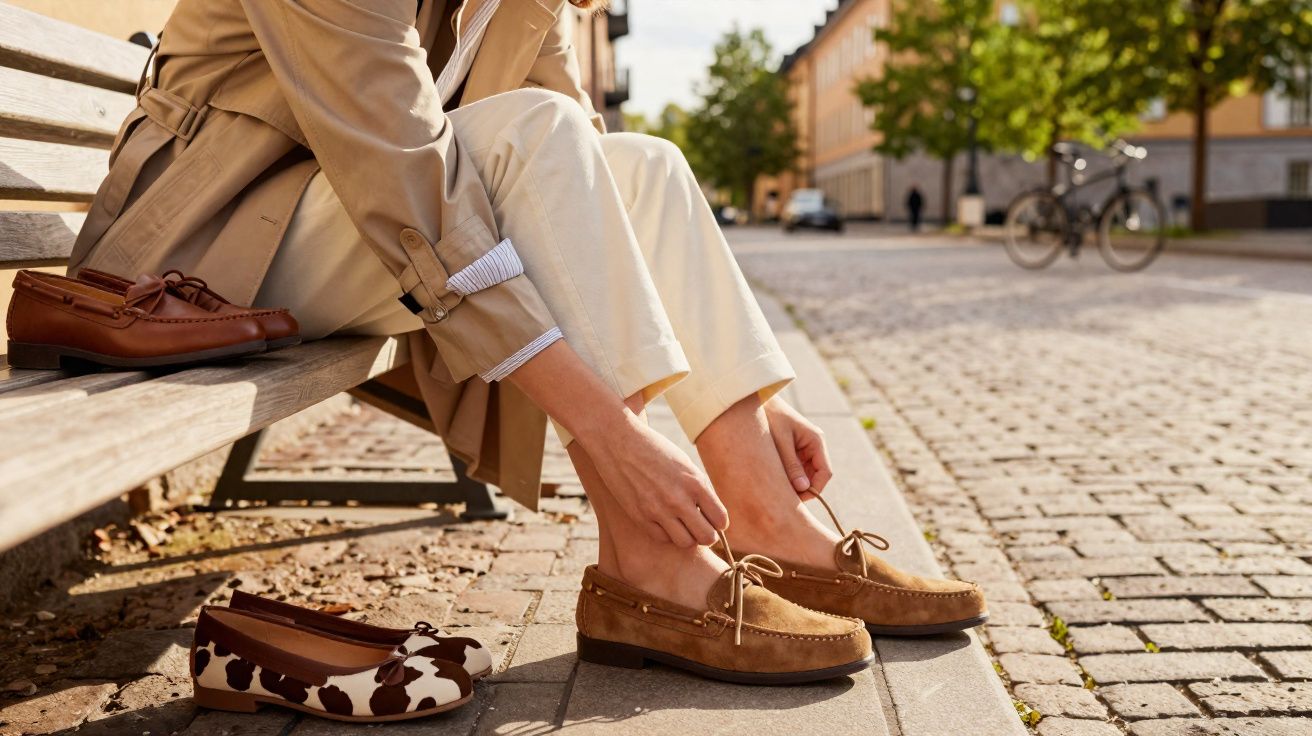 Pessoa sentada num banco a calçar mocassins castanhos num passeio de pedra, rodeada por sapatos diversos.