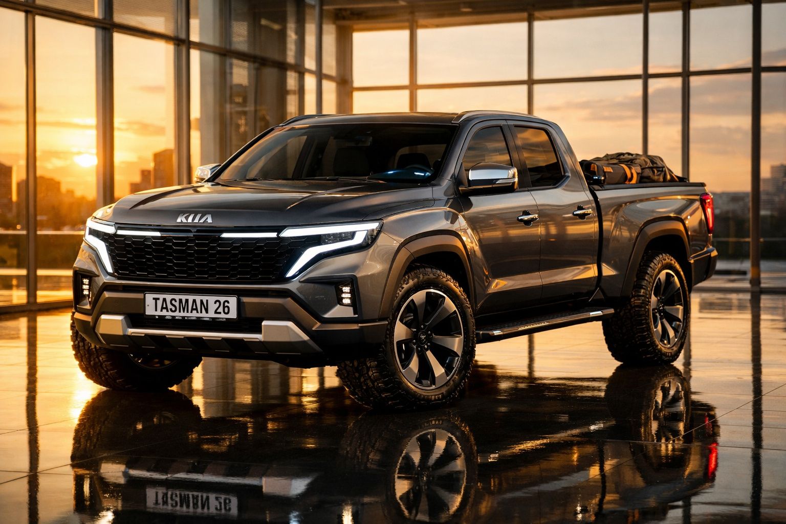 Pick-up Kia Tasman 26 cinzenta estacionada em piso espelhado com pôr do sol ao fundo.