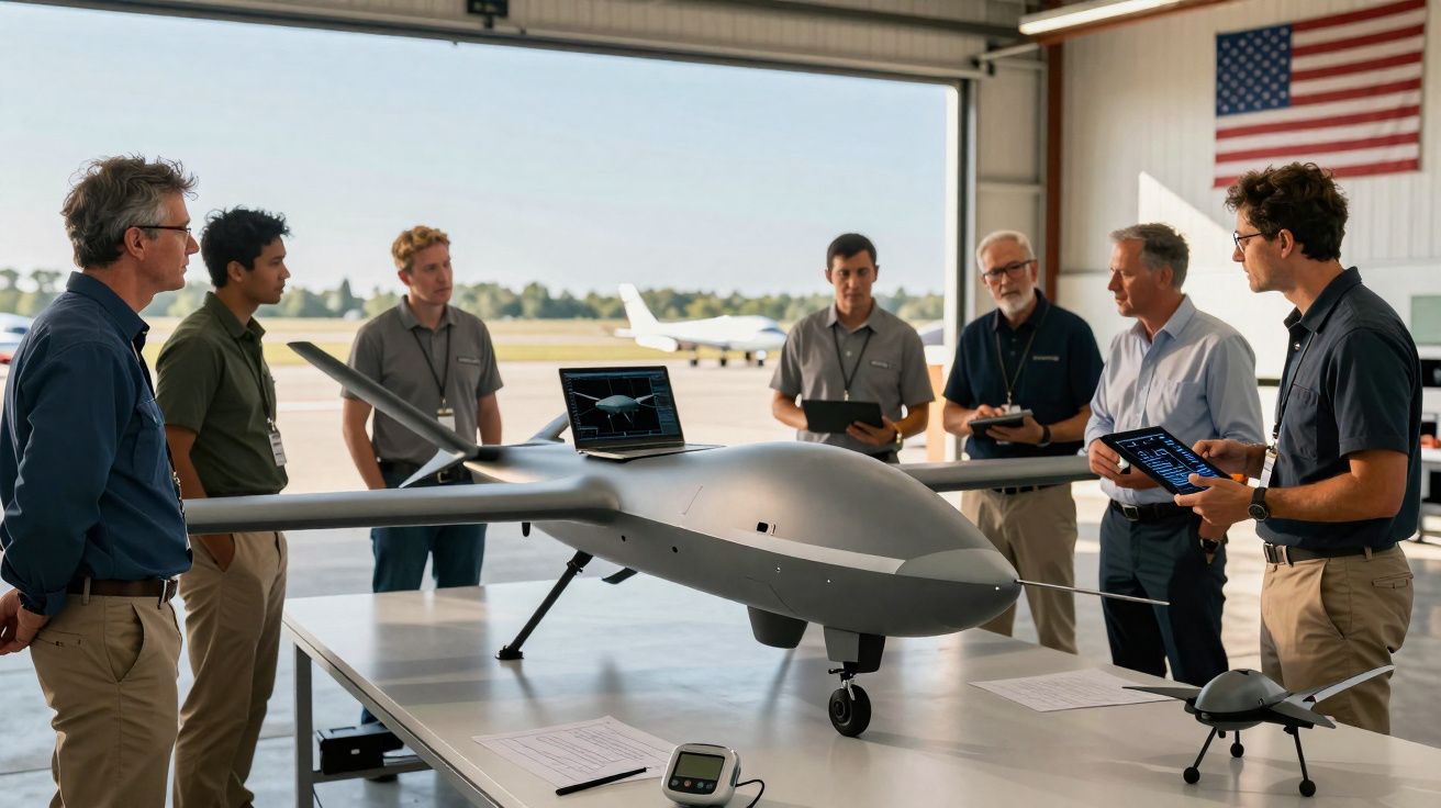 Grupo de homens em reunião técnica ao redor de um drone grande num hangar com bandeira dos EUA.