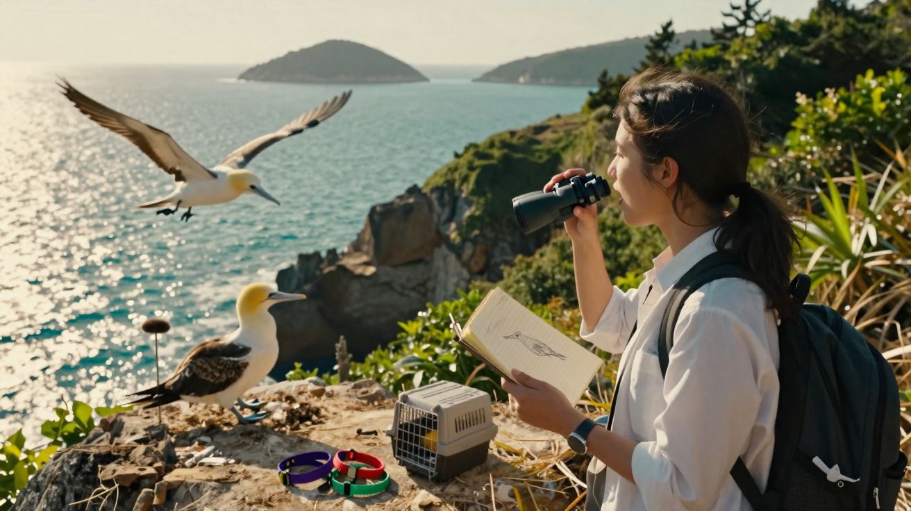 Mulher observa gaivotas com binóculos e livro de ilustrações à beira de falésia junto ao mar.