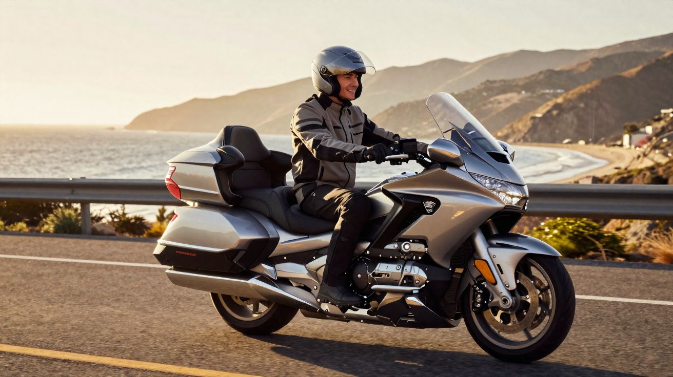 Homem de capacete e roupa de motoqueiro conduz motocicleta prata numa estrada costeira com montanhas ao fundo.