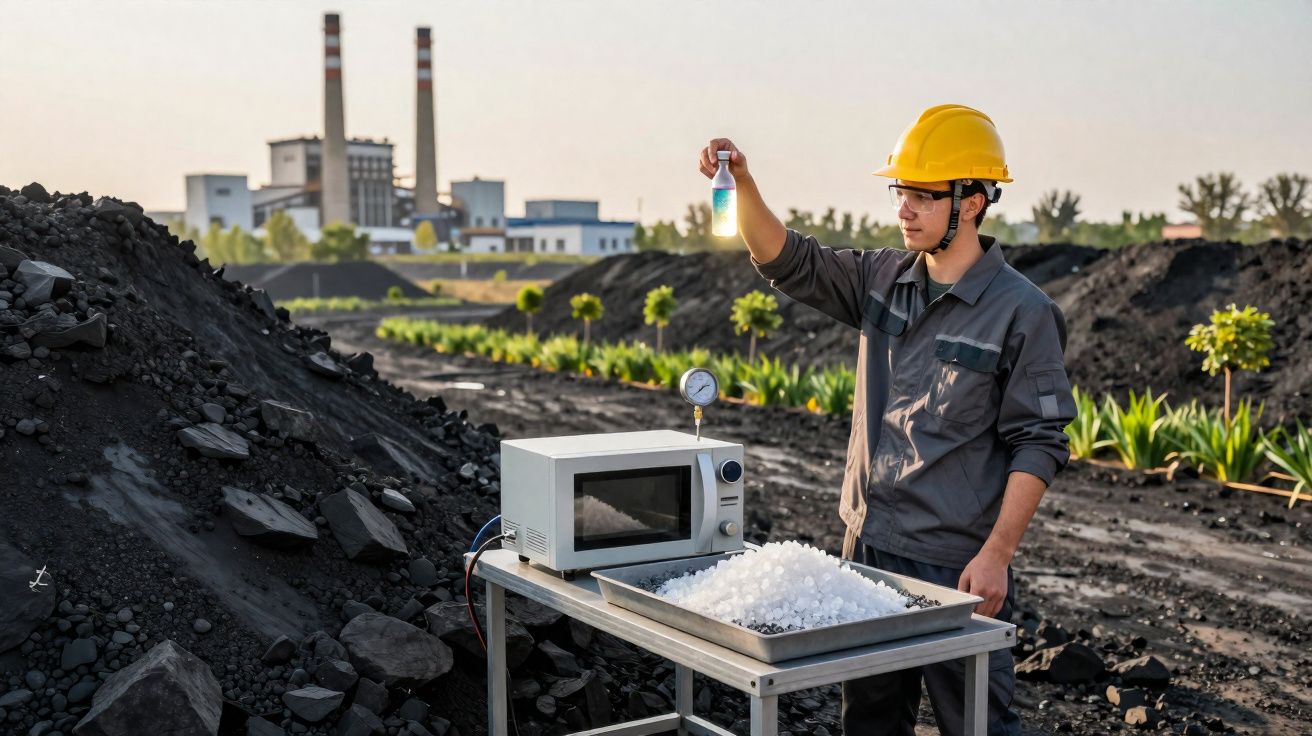Homem com capacete amarelo analisa amostra líquida junto a mesa com equipamento e carvão em fundo industrial.