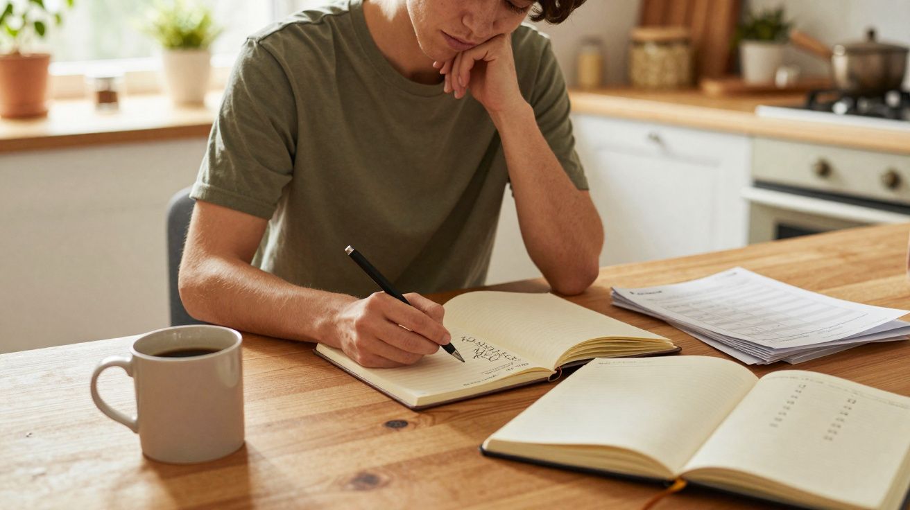 Pessoa jovem a escrever num caderno numa mesa de cozinha com café e documentos espalhados.