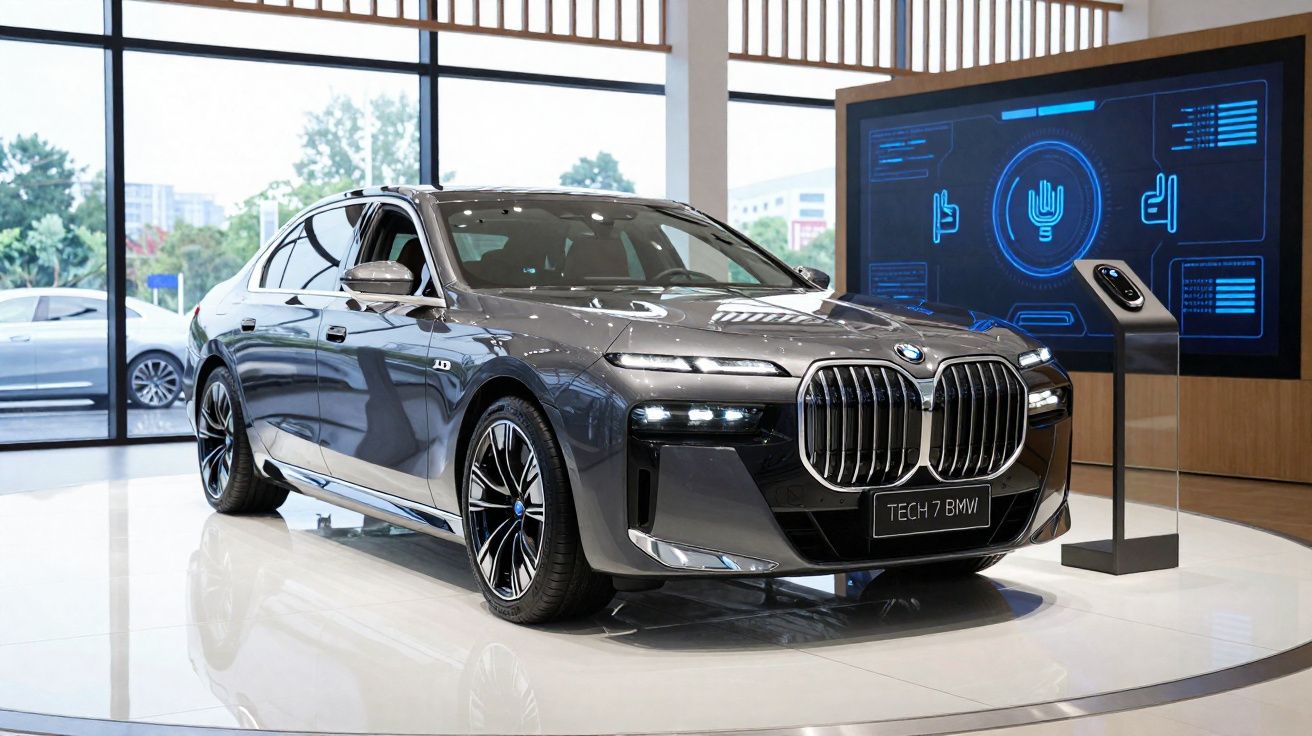 Carro BMW Tech 7 cinza escuro exposto numa sala moderna com ecrã digital ao fundo.