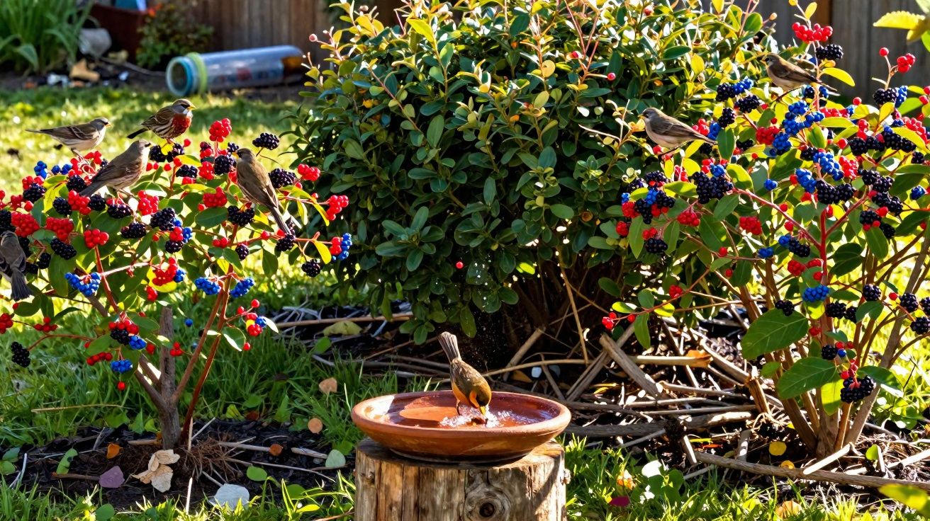 Pássaros a beber numa taça de água rodeada por arbustos com bagas vermelhas e azuis num jardim ensolarado.