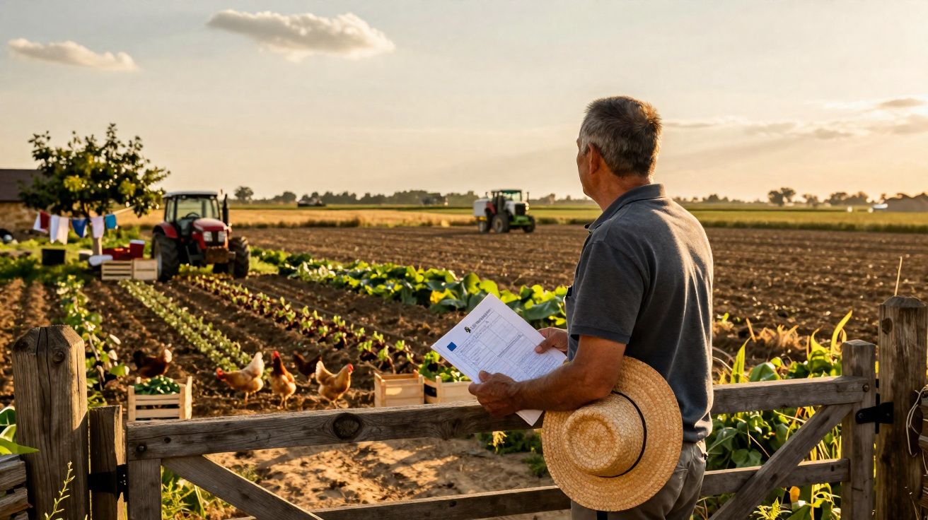 Homem com chapéu e papel observa cultivo agrícola com tratores e galinhas ao pôr do sol.
