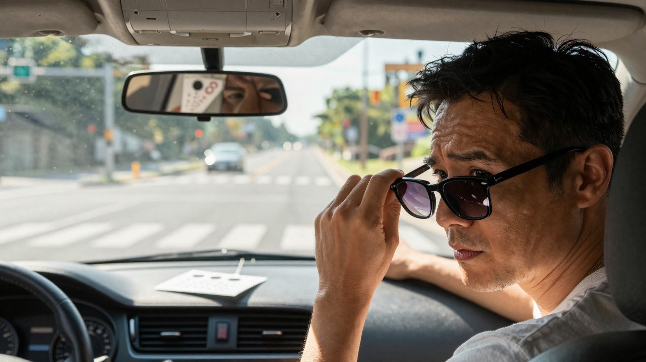 Homem a usar óculos escuros enquanto conduz um carro numa estrada ensolarada com passadeira à frente.