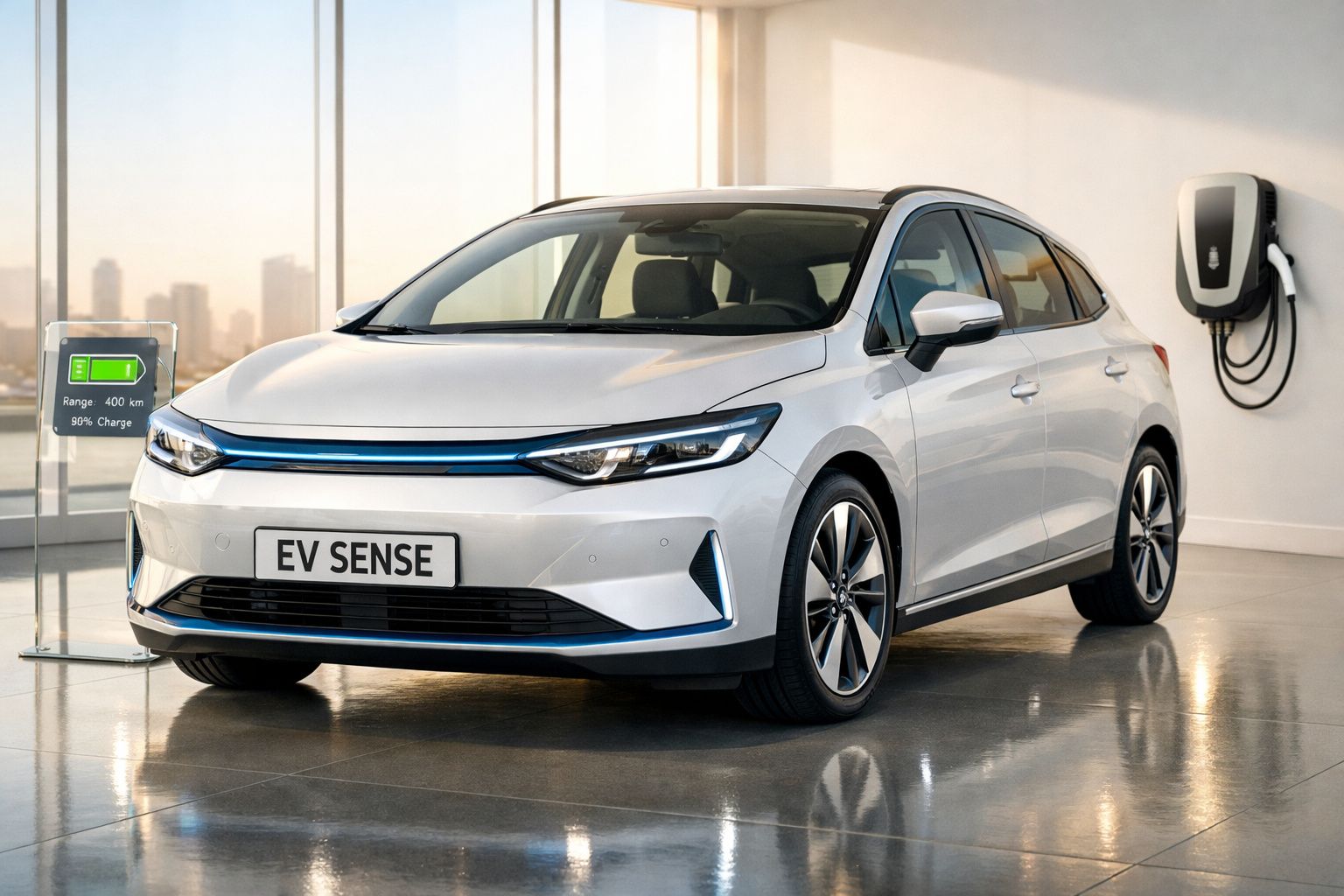 Carro elétrico branco EV Sense carregando numa estação de carregamento interior com bateria a 90%.