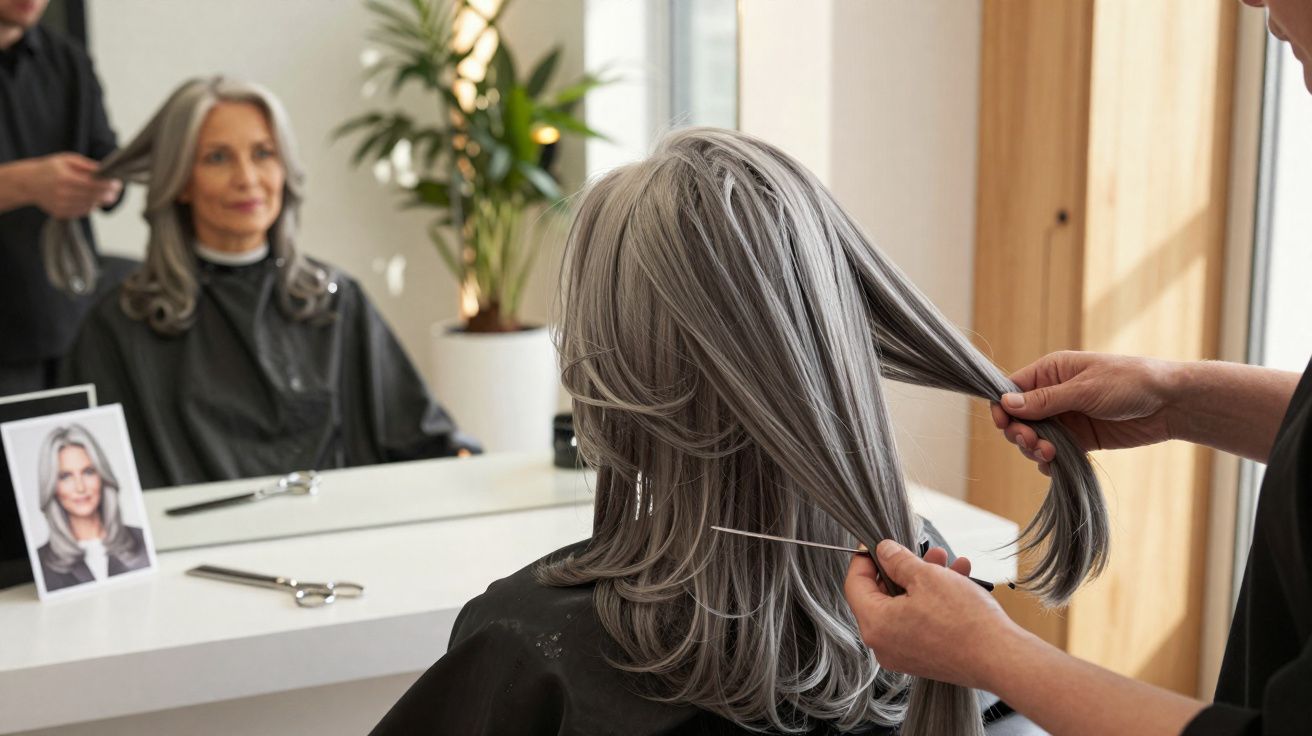 Mulher idosa com cabelo cinzento a ser penteada por cabeleireiro num salão iluminado.