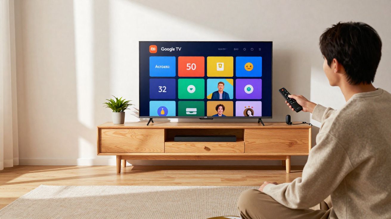 Pessoa a controlar televisão Xiaomi com interface do Google TV numa sala moderna e iluminada.