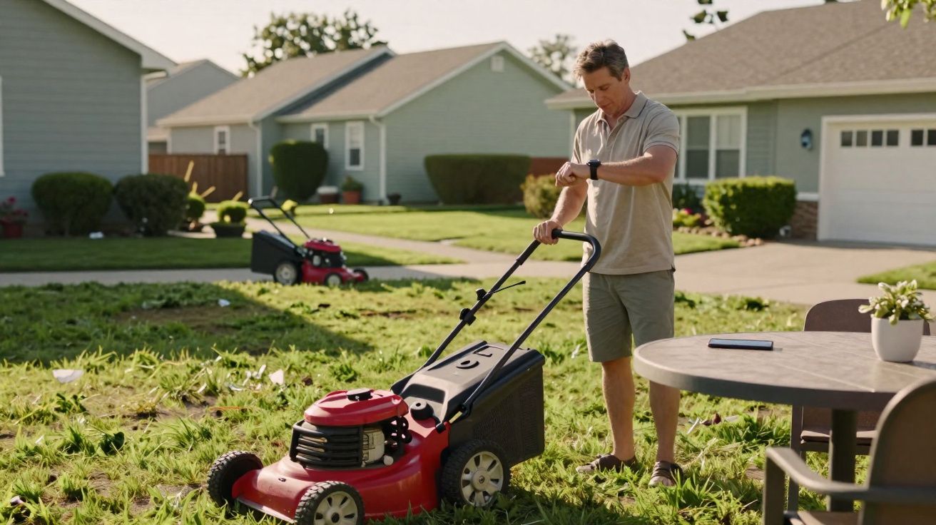 Homem a cortar relva com cortadora num jardim em bairro residencial, verificando o relógio.