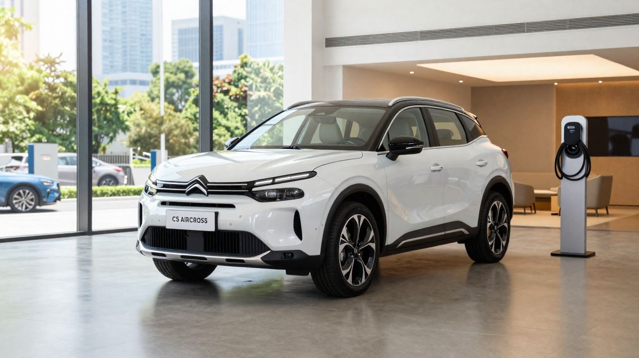 Carro elétrico Citroën C5 Aircross branco estacionado num showroom moderno com estação de carregamento.