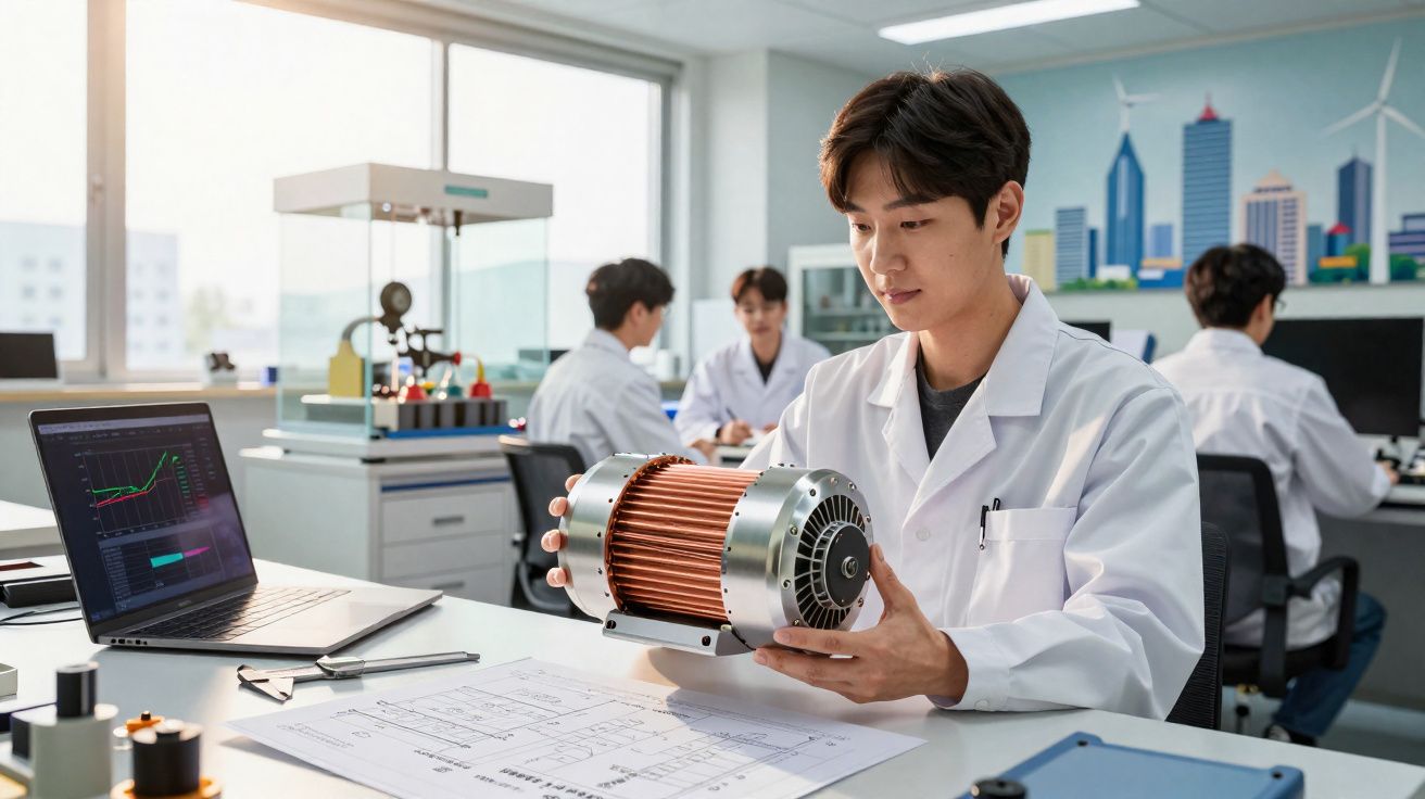 Homem com bata branca analisa componente elétrico sentado numa mesa de laboratório com laptop e esquemas técnicos.