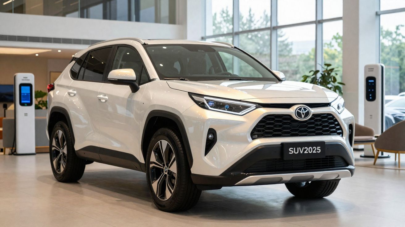 Carro SUV branco moderno estacionado em showroom com carregadores elétricos ao fundo.