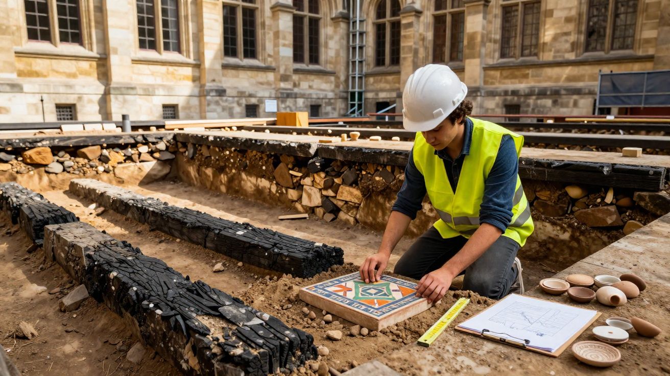 Arqueólogo com colete e capacete examina azulejo numa escavação arqueológica em área urbana.
