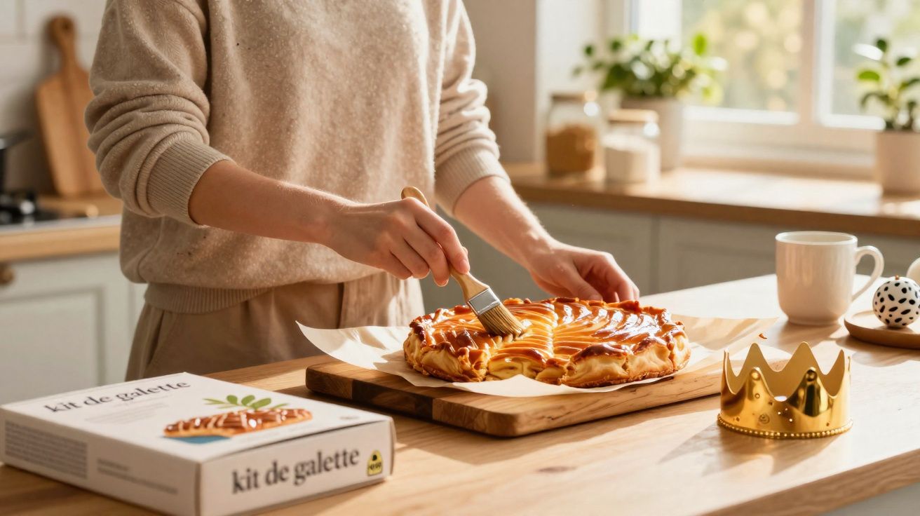 Pessoa a pincelar uma galette dourada num ambiente de cozinha iluminado.