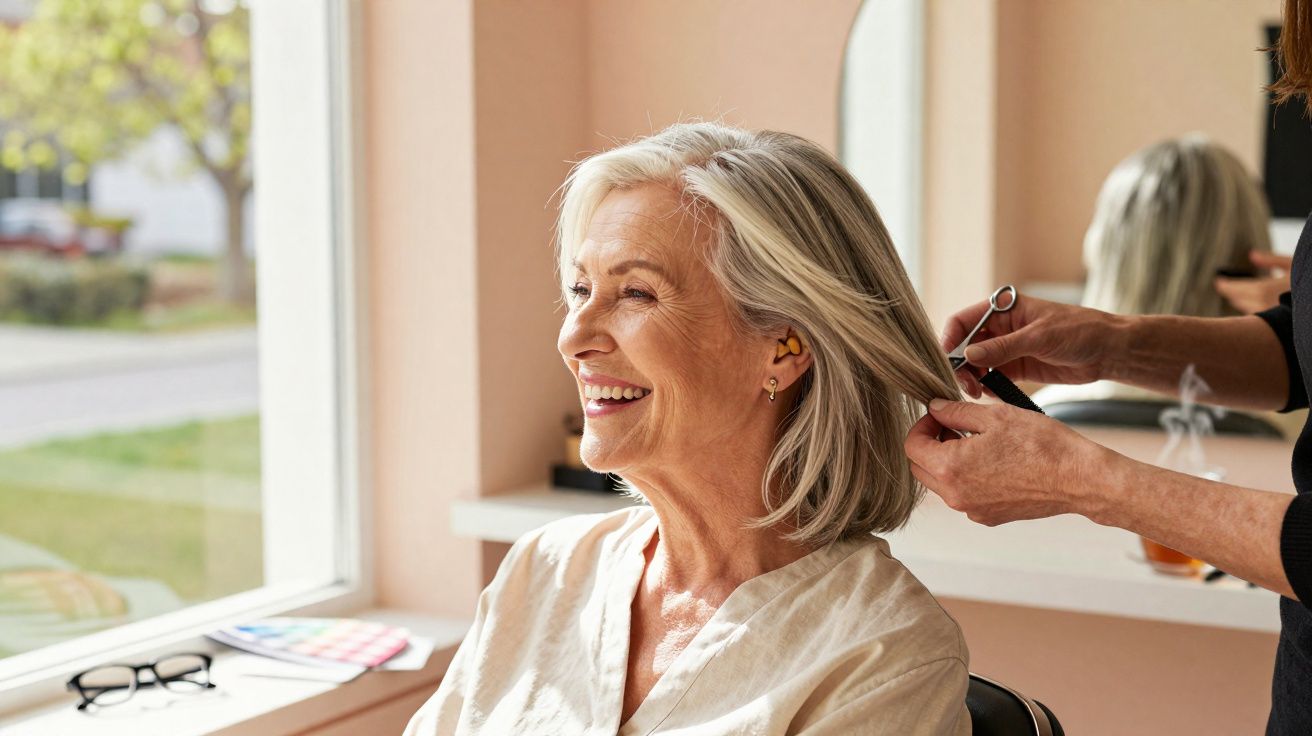 Mulher sorridente a cortar o cabelo num salão com luz natural e vista para o exterior.