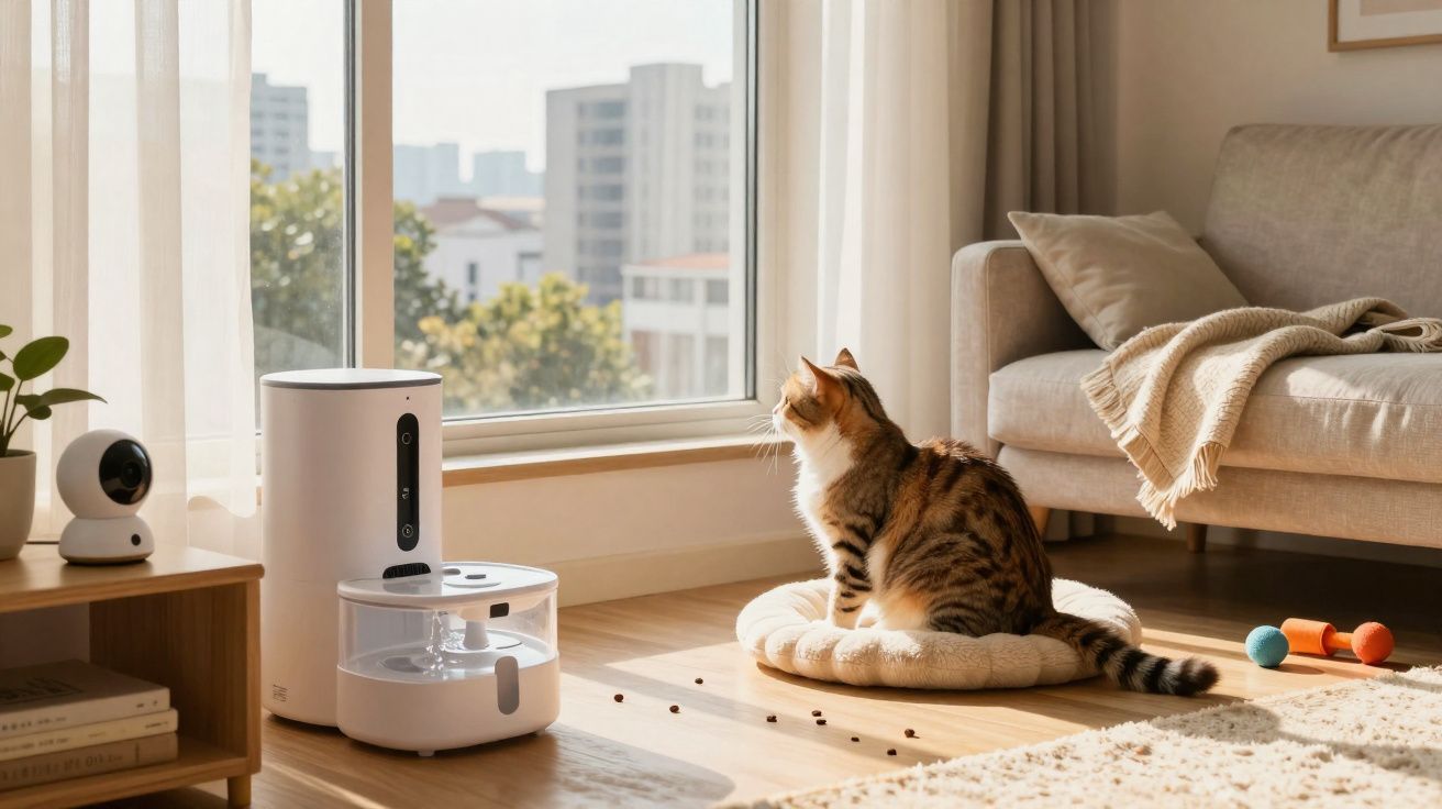 Gato sentado em almofada ao sol, perto de dispensador automático de comida e janela iluminada.