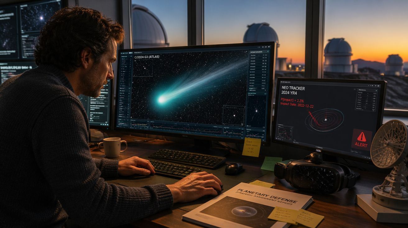 Homem observa dados de cometa e alerta de objeto próximo à Terra em monitores, em escritório com telescópios ao fundo.