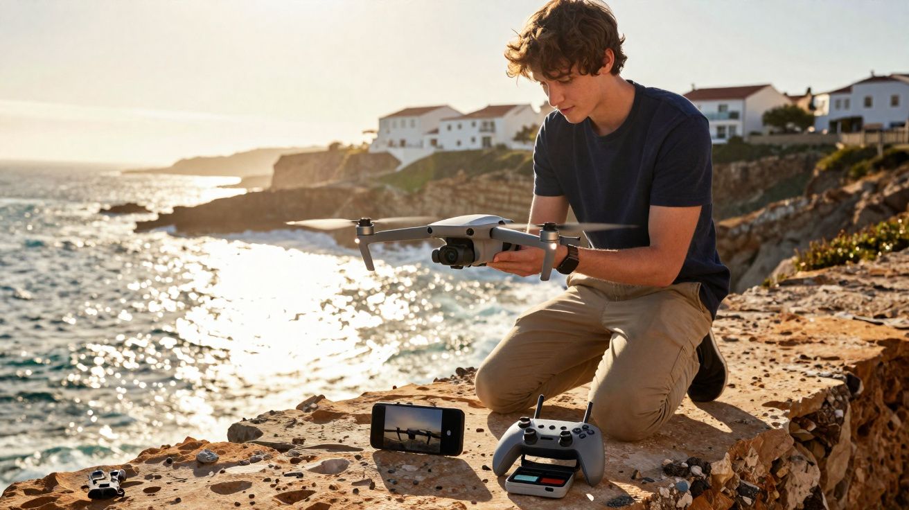 Rapaz prepara drone para voo junto ao mar numa zona rochosa com casas ao fundo ao pôr do sol.