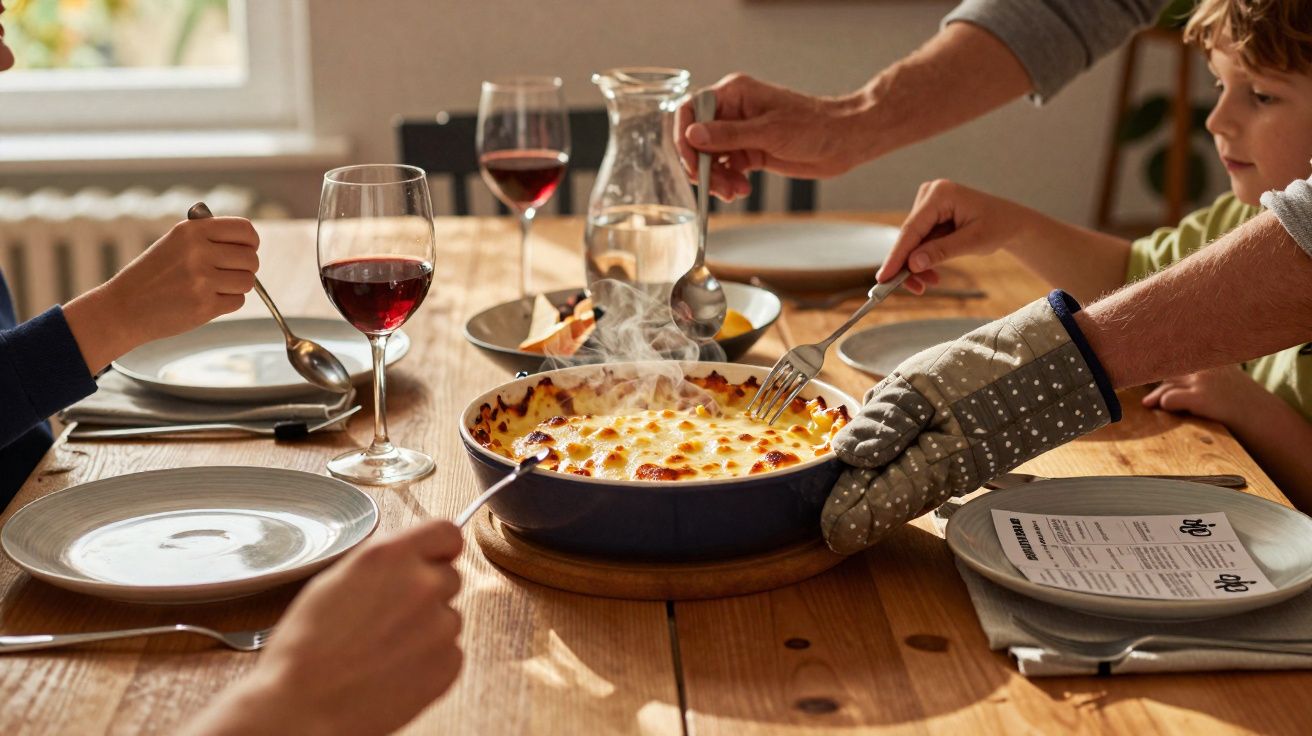 Família junta à mesa a servir e partilhar um prato quente de comida com vinho tinto.