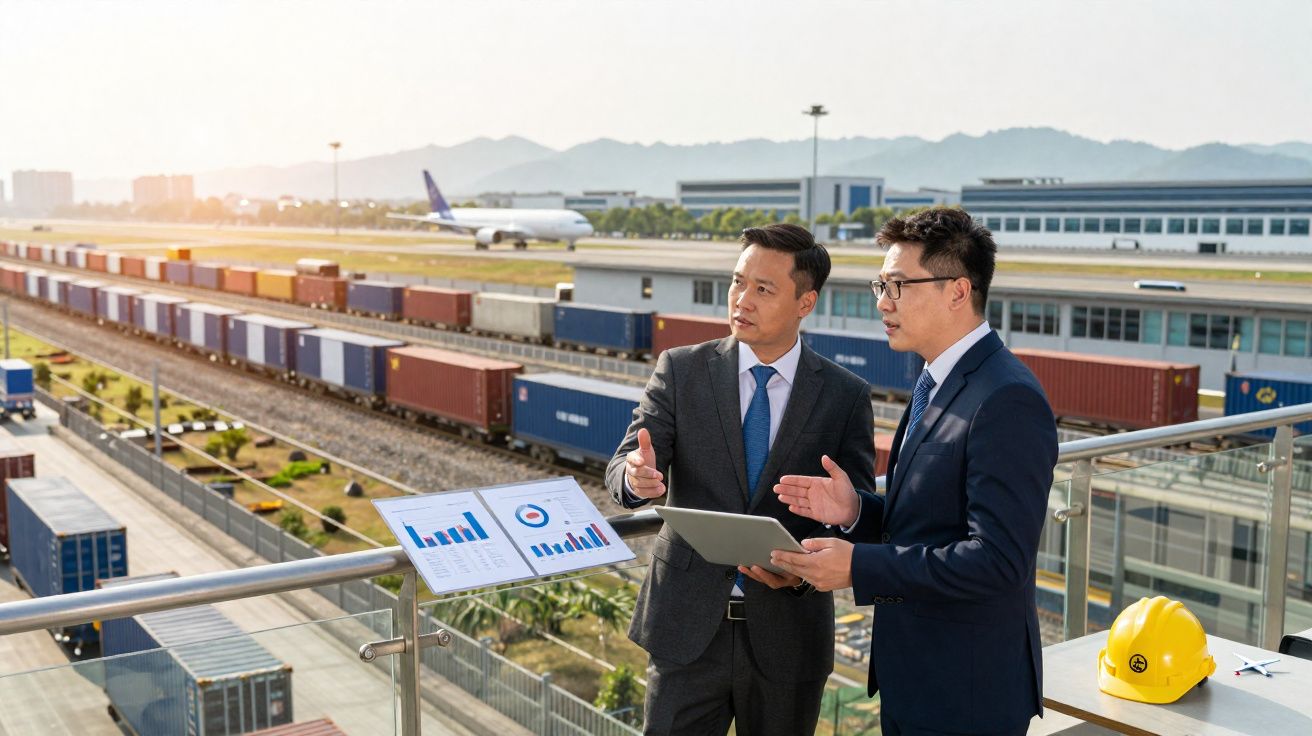 Dois homens de negócios em fato a discutir gráficos num terminal ferroviário com contentores e avião ao fundo.