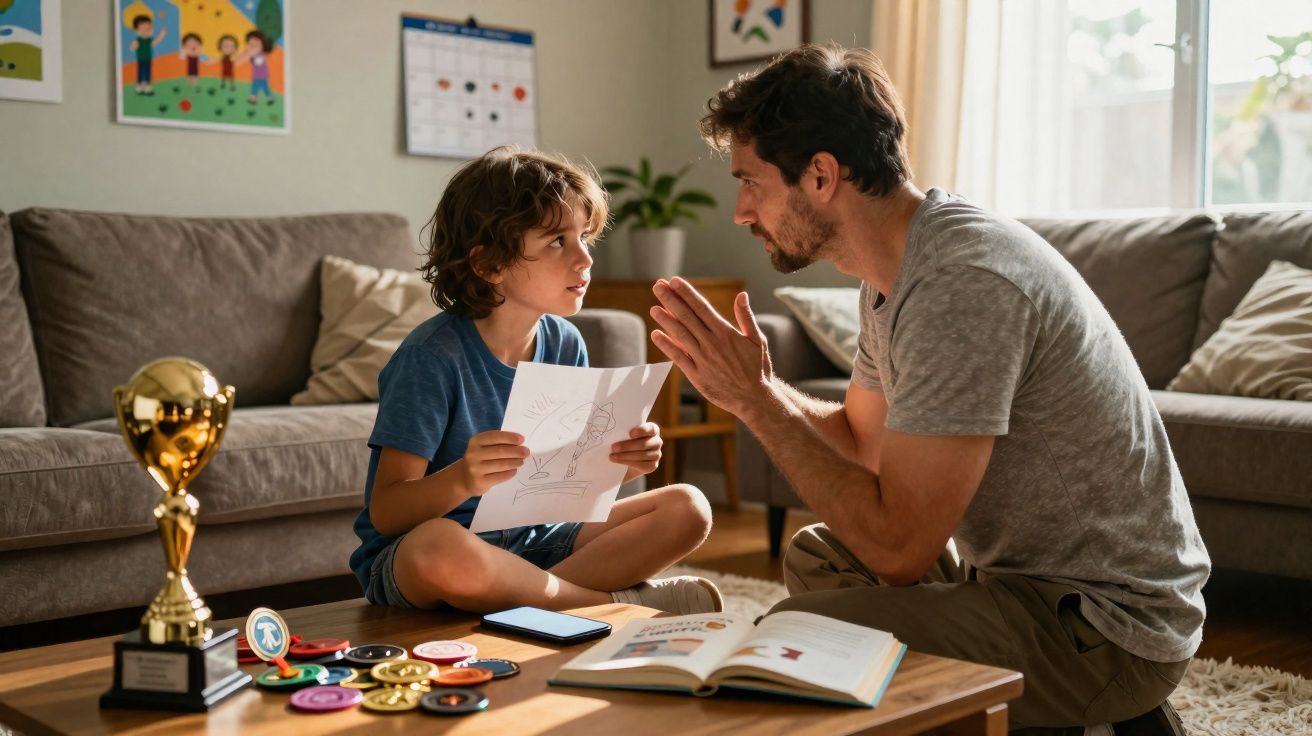 Criança mostra desenho a adulto sentado no chão, com troféu e medalhas numa mesa de madeira à frente.